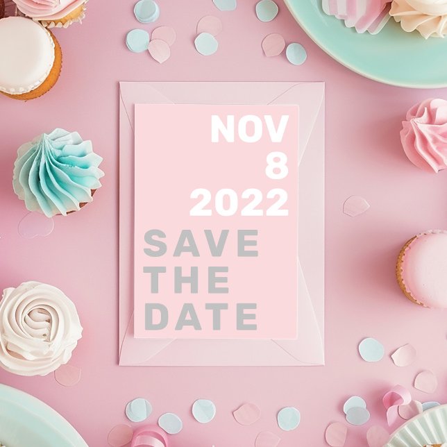 Ditt fotofeta moderna sätt att spara datumkortet inbjudningar (Big and bold typography, pink grey and white Save the date)