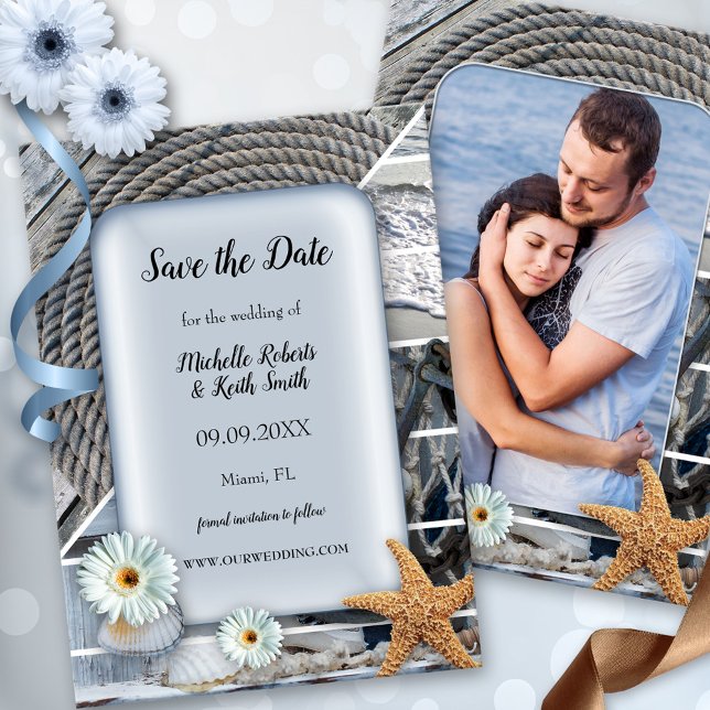 Ditt fotonautiskt fack sparar datumkortet spara datumet (Save the Date card featuring a dusty blue design with a nautical theme and your custom photo)