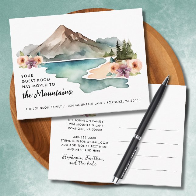 Ditt gästrum har Flyttat bergens Flytta Meddelande Vykort (Your Guestroom Has Moved to the Mountains New Address Announcement Postcard)