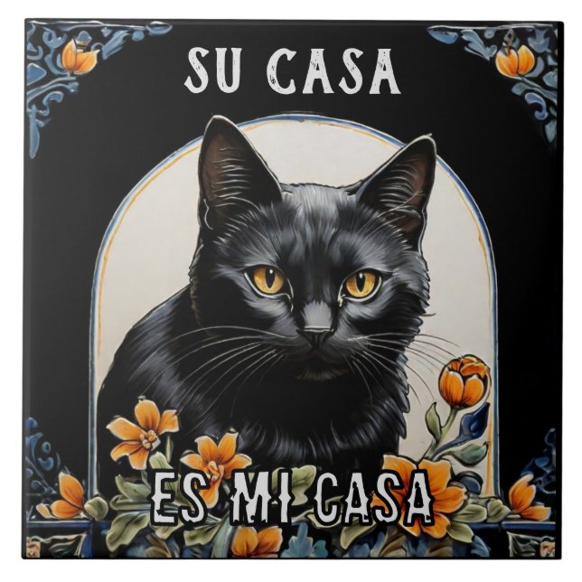 Ditt Hem är Mitt Hem - Rolig Spansk Katt Humor Kakelplatta (Framsidan)