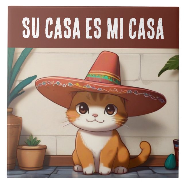 Ditt Hem är Mitt Hem - Rolig Spansk Katt Humor Kakelplatta (Framsidan)