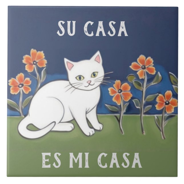 Ditt Hem är Mitt Hem - Rolig Spansk Katt Humor Kakelplatta (Framsidan)