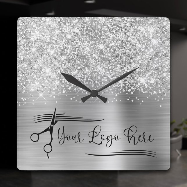 Ditt Logotyp Glittrande Silver Glam Fyrkantig Klocka (Your Logo Glittery Silver Glam Square Wall Clock)