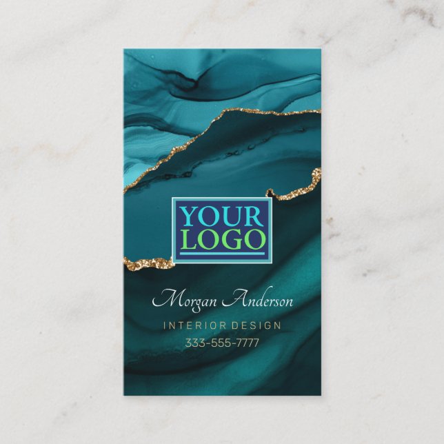 Ditt logotyp, QR-kod, Elegant Pro, Teal Agate & Gu Visitkort (Framsida)