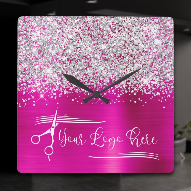 Ditt Logotyp Silver Shock rosa Glam Fyrkantig Klocka (Your Logo Silver Glitter Hot Pink Glam Square Wall Clock)