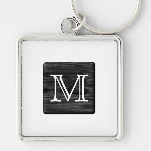 Ditt Monogram från Brev. Bild av Black Wood. Fyrkantig Silverfärgad Nyckelring (Framsidan)