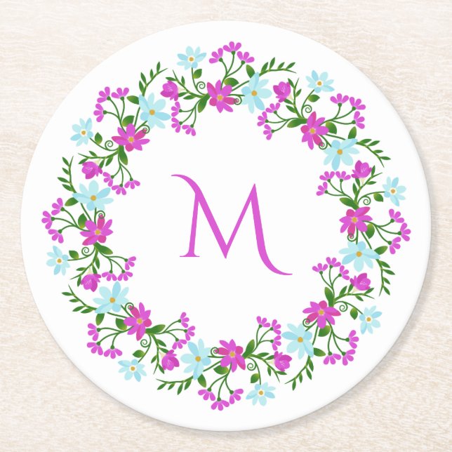 Ditt Monogram i ett blommande Ram pappra underlägg Papper Rund (Framsidan)