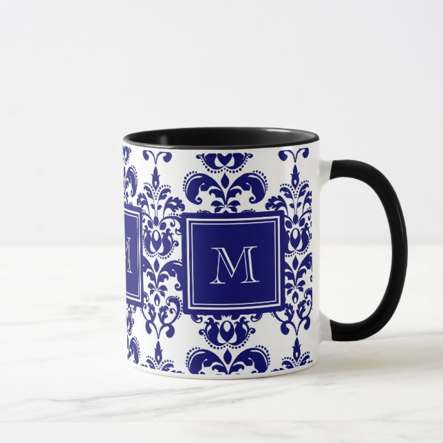Ditt Monogram, marinblått dammmönster 2 Mugg (Höger)