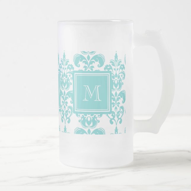 Ditt Monogram, Teal Damask Mönster 2 Frostat Ölglas (Höger)