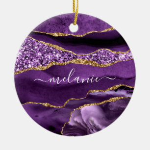 Ditt namn Agerar Lila Violet Guld Glitter Marble Julgransprydnad Keramik