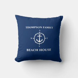 Ditt namn Beach House Compass Anchor Blue Kudde