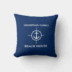 Ditt namn Beach House Compass Anchor Blue Kudde