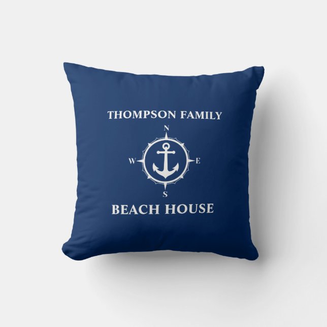 Ditt namn Beach House Compass Anchor Blue Kudde (Framsida)
