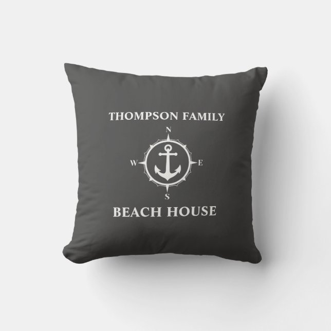 Ditt namn Beach House Compass Anchor Grått Kudde (Framsida)