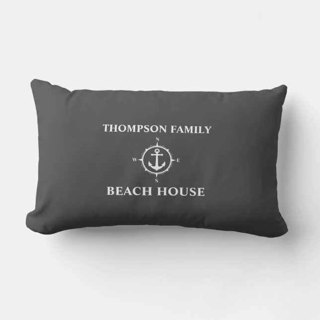 Ditt namn Beach House Compass Anchor Grått Lumbarkudde (Framsida)
