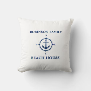 Ditt namn Beach House Compass Anchor White Kudde