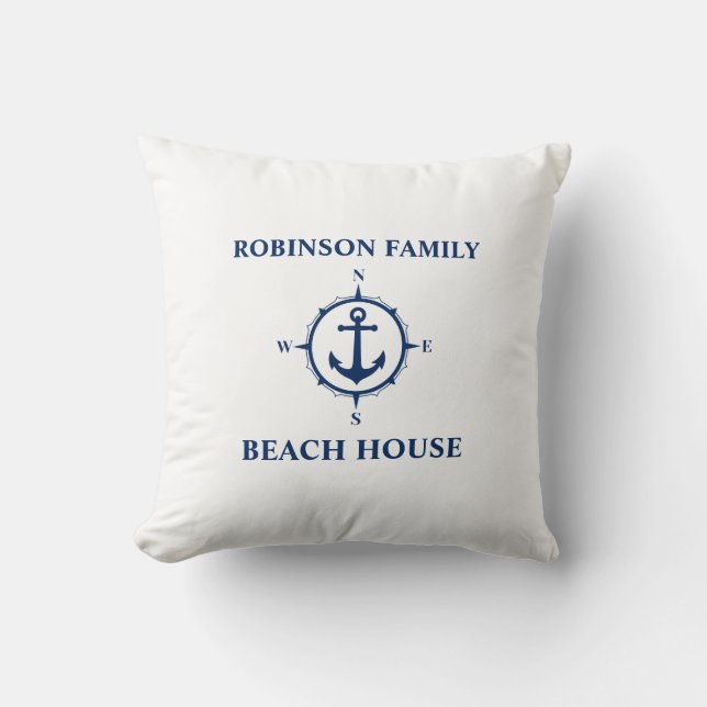 Ditt namn Beach House Compass Anchor White Kudde (Framsida)