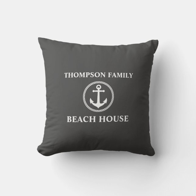 Ditt namn Beach House Sea Anchor Grått Kudde (Framsida)