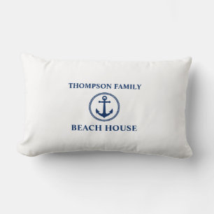 Ditt namn Beach House Sea Anchor Navy på White Lumbarkudde