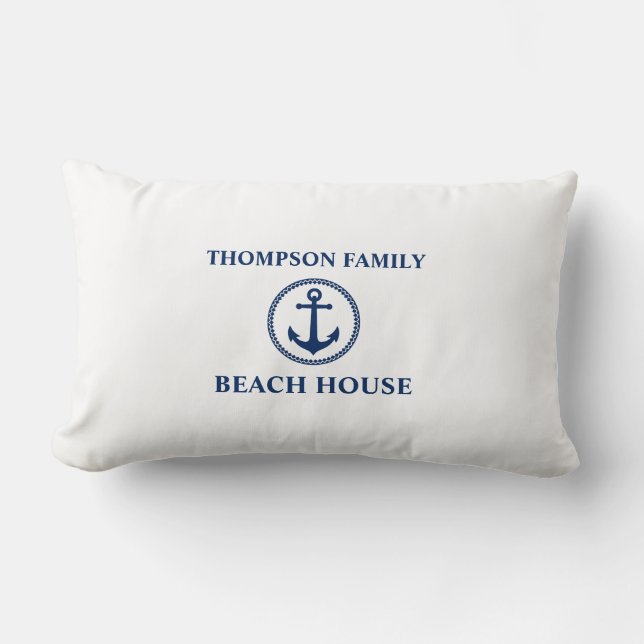 Ditt namn Beach House Sea Anchor Navy på White Lumbarkudde (Framsida)