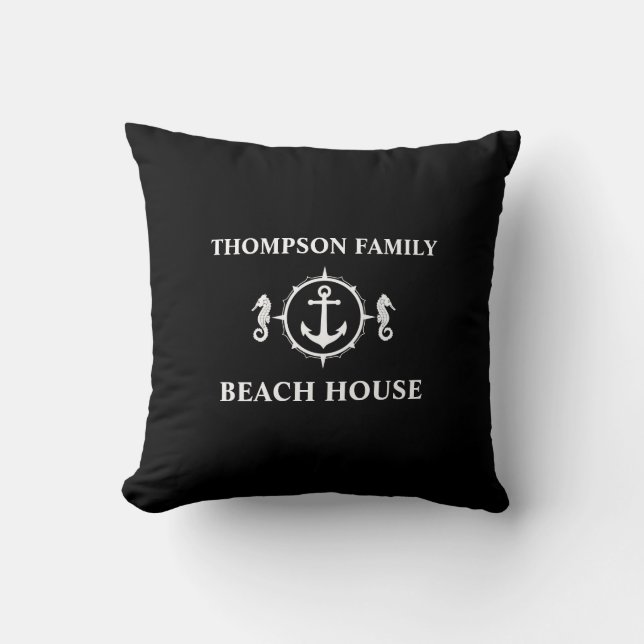 Ditt namn Beach House Seahorse Anchor Black sh0a Kudde (Framsida)