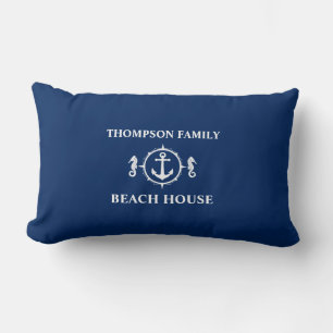 Ditt namn Beach House Seahorse Anchor Navy Blue Lumbarkudde