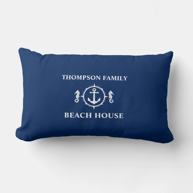 Ditt namn Beach House Seahorse Anchor Navy Blue Lumbarkudde (Framsida)
