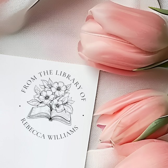 Ditt namn Bok & Flowers "Från Bibliotek av" Självfärgande Stämpel (Skapare uppladdad)