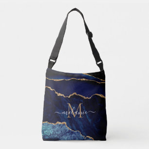 Ditt namn Brev Agate Navy Blue Guld Marble Axelväska
