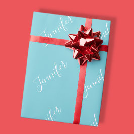 Ditt namn | Elegant Vit skript på Robin Egg Blue Presentpapper