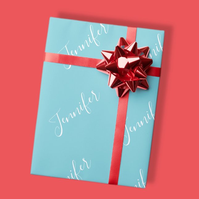 Ditt namn | Elegant Vit skript på Robin Egg Blue Presentpapper (Skapare uppladdad)