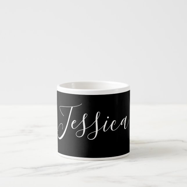 Ditt namn | Elegant Vitt skript på svart Espressomugg (Framsidan)