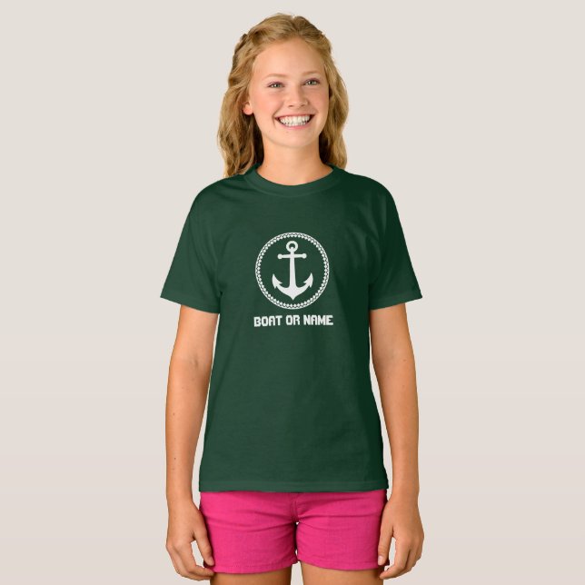 Ditt namn eller Boat Namn Anchor Forest Grönt T Shirt (Hel framsida)