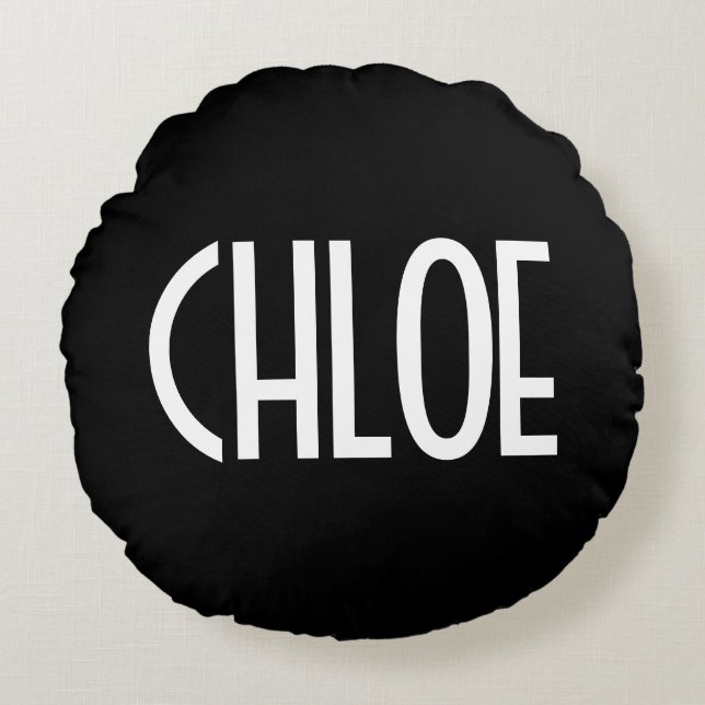 Ditt namn, fetstil, vit text | Svart Rund Kudde (Framsidan)
