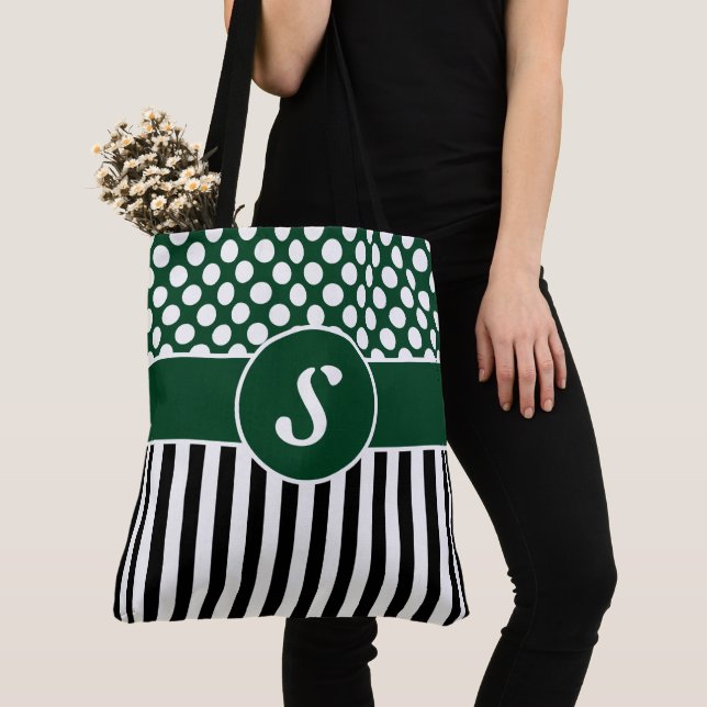 Ditt namn Grönt White Rand Polka Dot Tote Bag Tygkasse (Närbild)