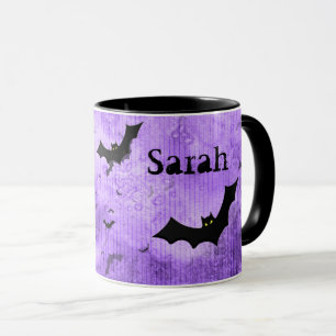 Ditt namn: Halloween-Fladdermöss Lila Grunge BG Mugg