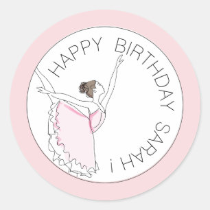 Ditt namn här Rosa Ballerina Grattis på födelsedag Runt Klistermärke