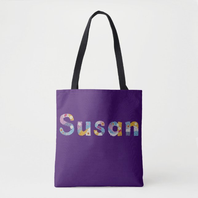 Ditt namn i Artsy blommigt brev / Susan Tote Bag Tygkasse (Framsida)