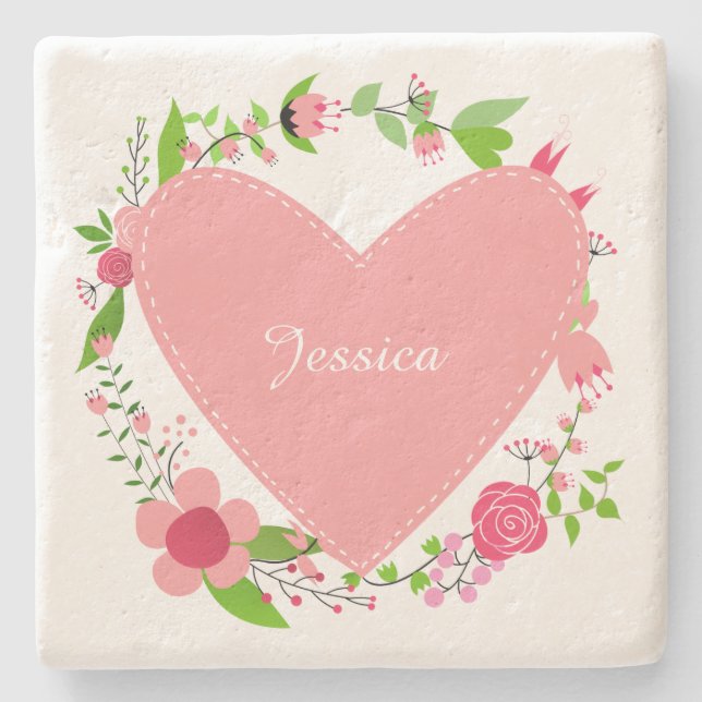 Ditt namn i en Heart & Flowers-underlägg Underlägg Sten (Framsidan)