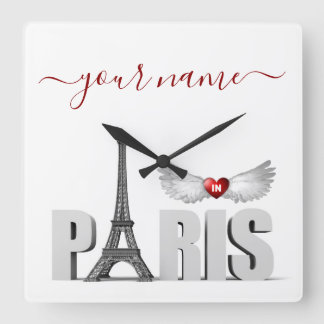 Ditt namn i Paris Eiffel Torn Heart Angel Vingar Fyrkantig Klocka