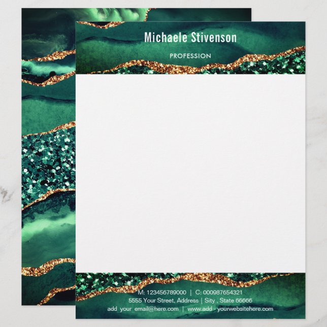 Ditt namn Info Letterhead Agate Grönt Guld Glitter Brevhuvud (Fram/baksida)