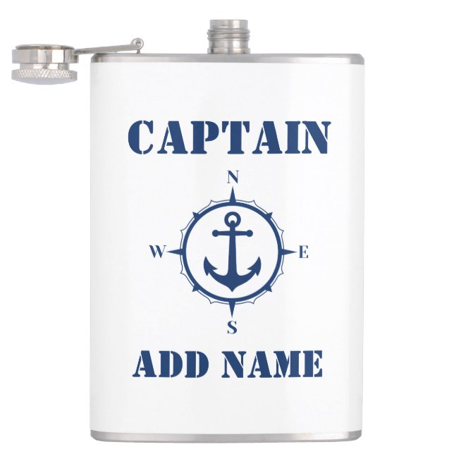 Ditt namn Kapten Flask Compass Anchor White Fickplunta (Öppnad)