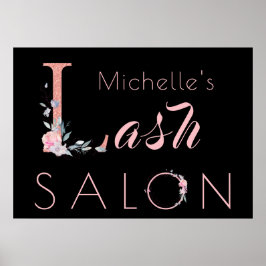 Ditt namn "lash salon blommigt glitter rosa Black Poster