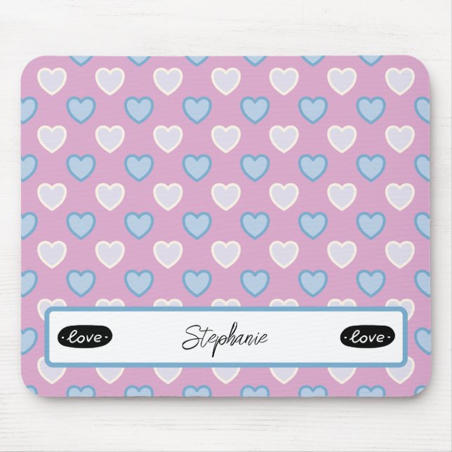Ditt namn - Lila och Light Blue Hearts Mönster Musmatta (Framsidan)