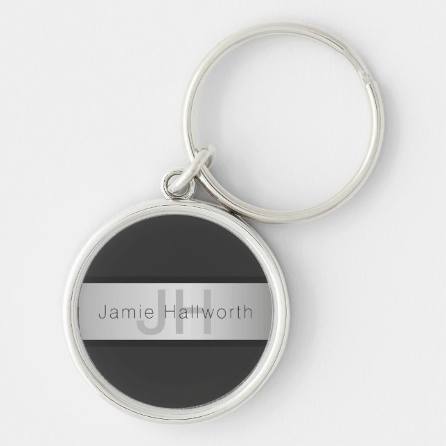 Ditt namn & monogram | Gråtoner & falskt silveruts Rund Silverfärgad Nyckelring (Framsidan)