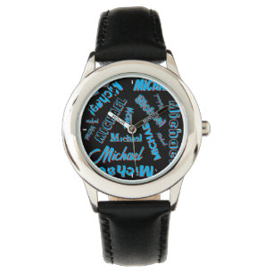 Ditt namn mönster mongram blå svart färg armbandsur