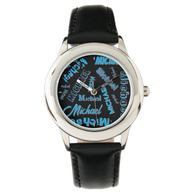 Ditt namn mönster mongram blå svart färg armbandsur (Framsida)