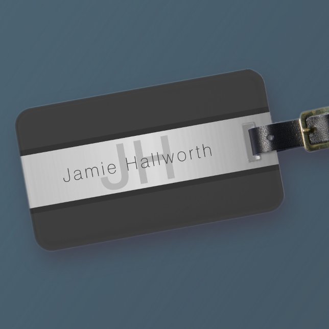 Ditt namn och Monogram | Grays & Faux Silver look Bagagebricka (Skapare uppladdad)