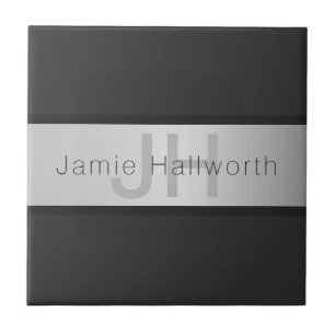 Ditt namn och Monogram   Grays & Faux Silver look Kakelplatta