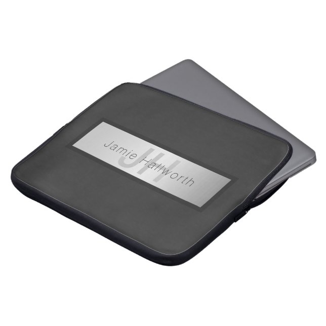 Ditt namn och Monogram | Grays & Faux Silver look Laptop Fodral (Framsida topp)